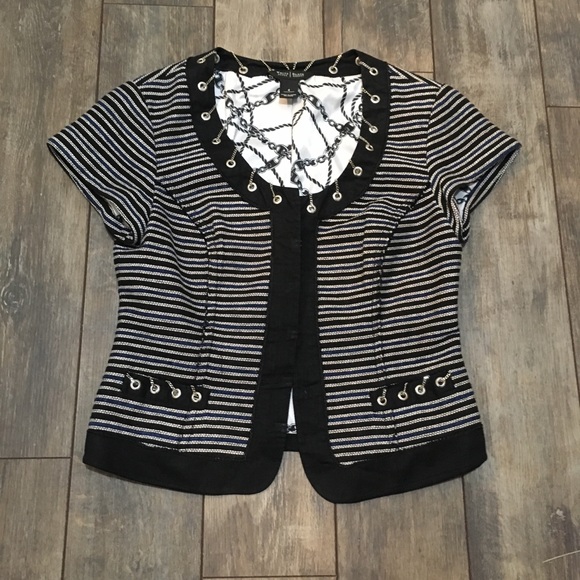 WHBM Black & Blue striped short sleeve jacket 4 - Picture 2 of 8
